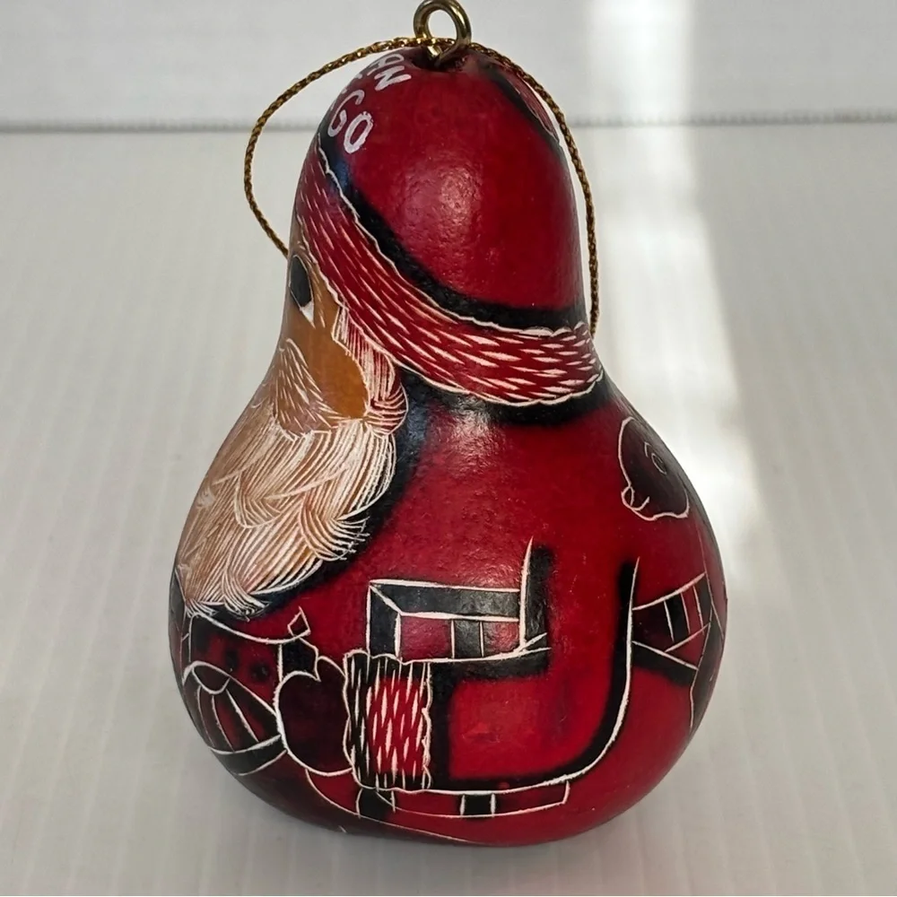 Santa Clause Folk Art Gourd Christmas Ornament  Hand Carved Painted Peruvian